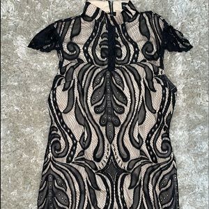 Black/Nude lace dress, black lace with nude under dress, zip back, worn once